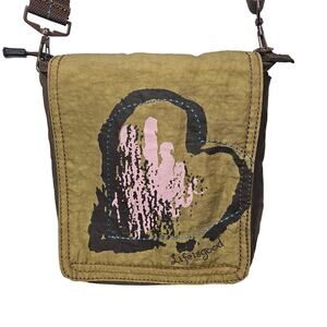 Life is Good Nylon Adjustable Strap Crossbody Bag Purse Brown Tan Heart Boho